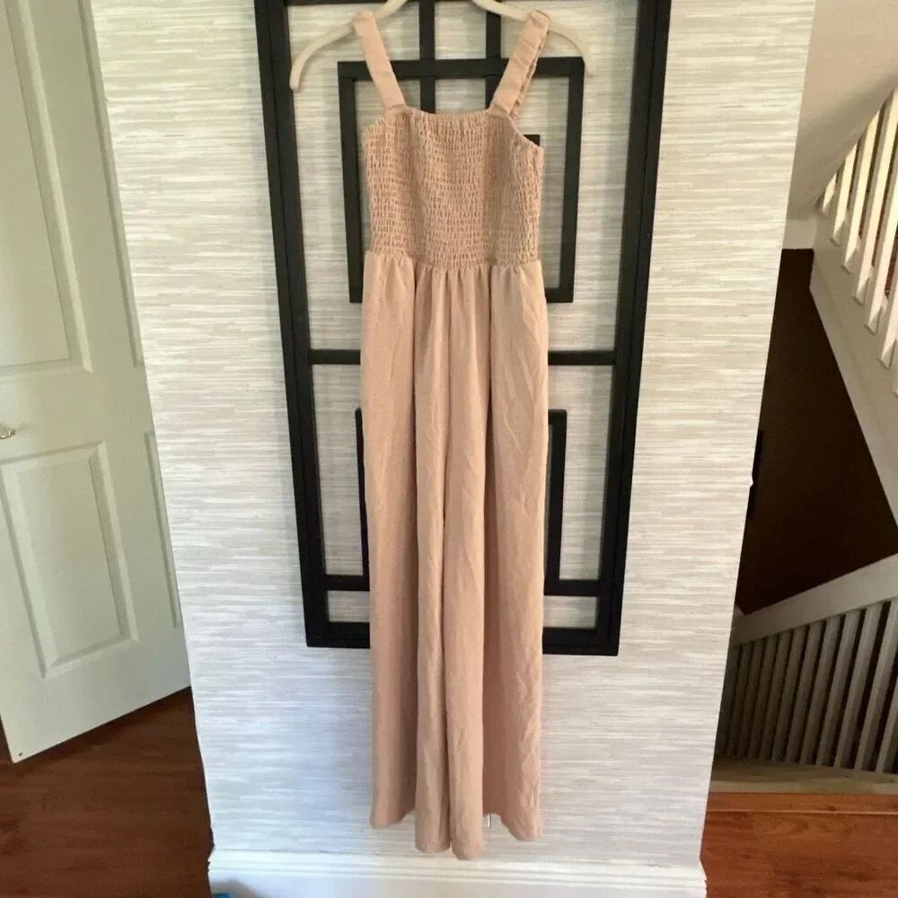 Adorable skin color beige one piece wide leg pants jumper extra small with shirr